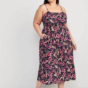 Old Navy Waist-Defined Floral Linen Smocked Midi Cami Dress